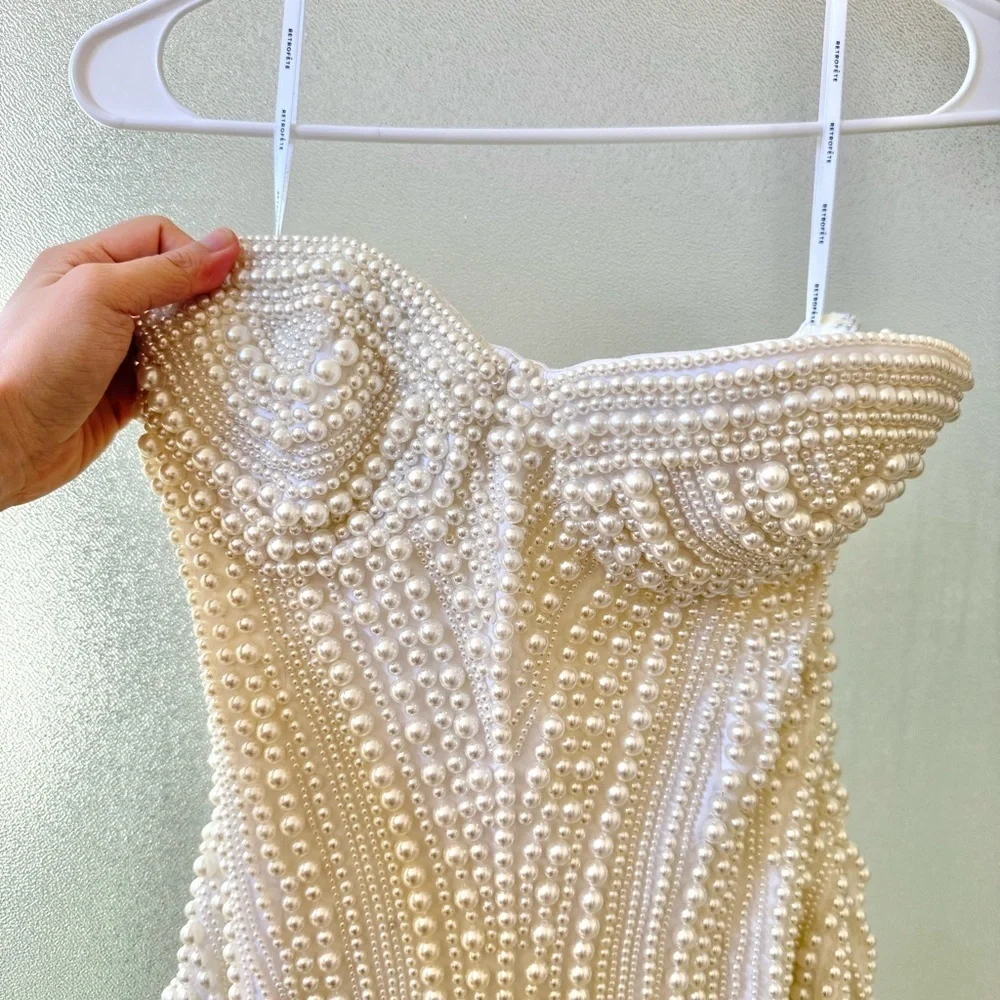 🆕 RETROFETE Deema Pearl Embellished Strapless Crepe Mini Dress Ivory Sz S - Picture 5 of 12